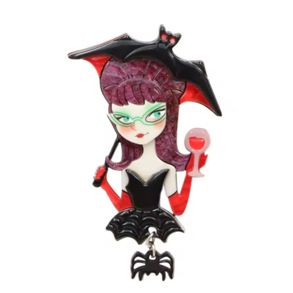 Goth Vampire Brooch Bat Lady Glass of Wine Layered Acrylic Spooky Whimsical Fun